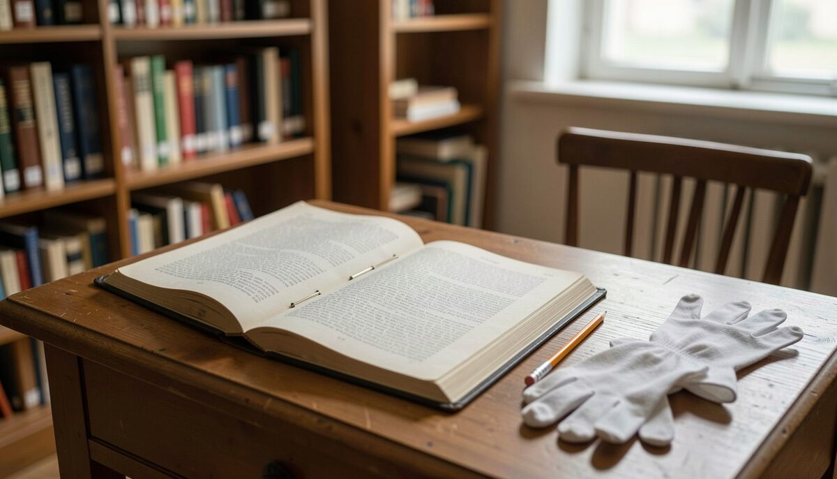 An open archive folder on a reading room desk with a pencil and a pair of white cotton gloves nearby.