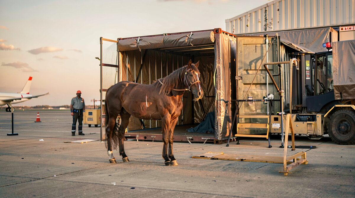 A single horse standing inside a padded jet stall on an airport tarmac at dawn, cargo loader and handler nearby, low golden light raking across the container, medium wide shot.