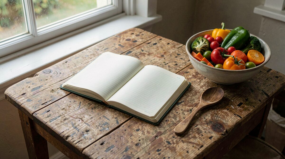 A worn kitchen table by a window in morning light, with an open notebook, a wooden spoon, and a bowl of seasonal vegetables, shot from above.