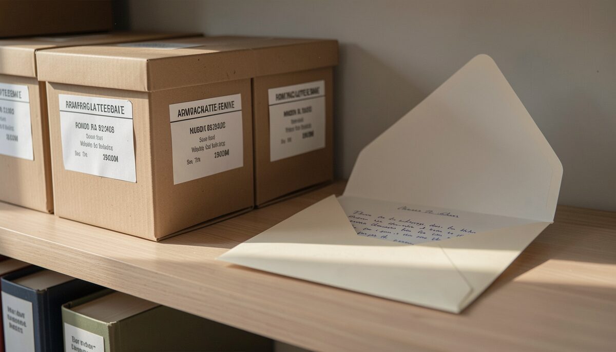 A shelf of labelled archival boxes and an open envelope containing a folded letter under soft light.