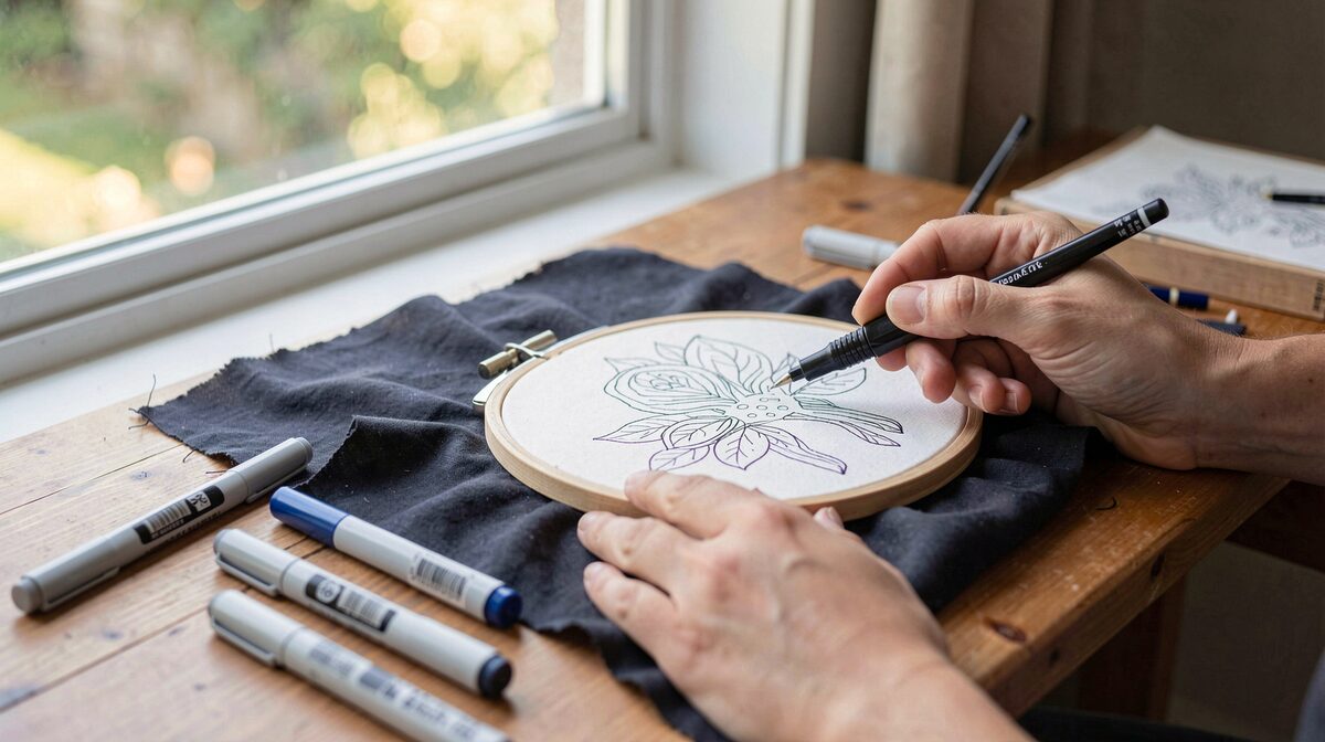 A craft table by a window in daylight, with dark fabric stretched in an embroidery hoop, wash-resistant felt pens, and a printed design ready to trace, framed close on the hands' workspace.
