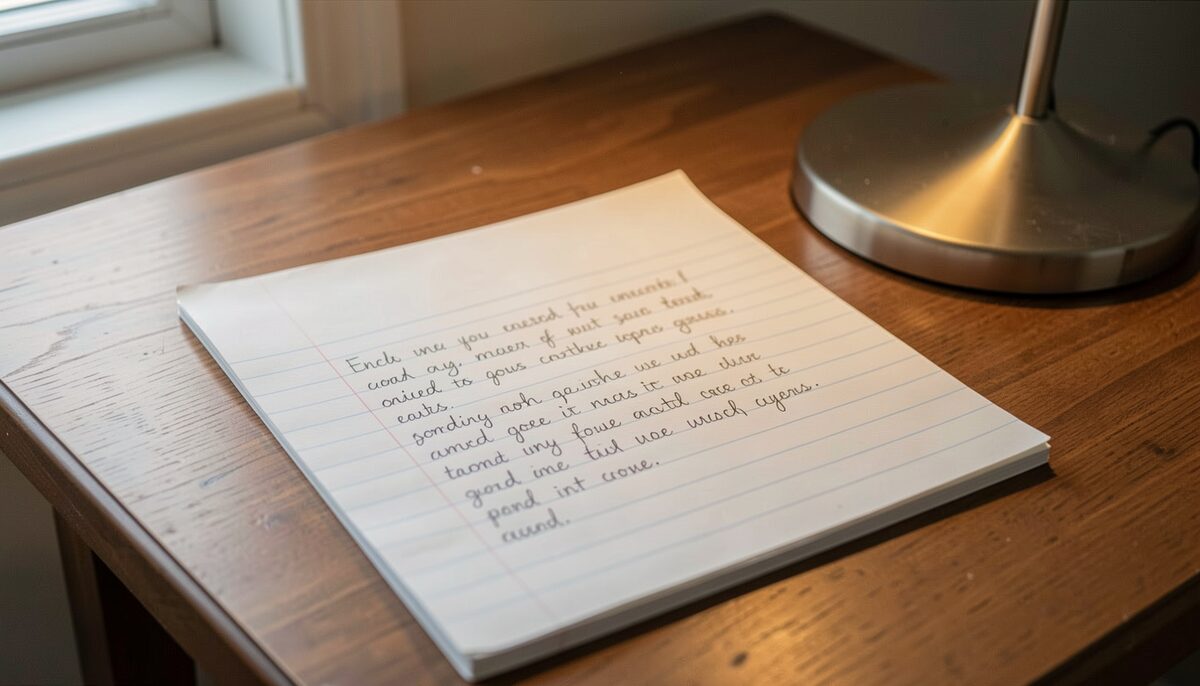 A handwritten draft on lined paper on a wooden desk beside an unlit reading lamp.
